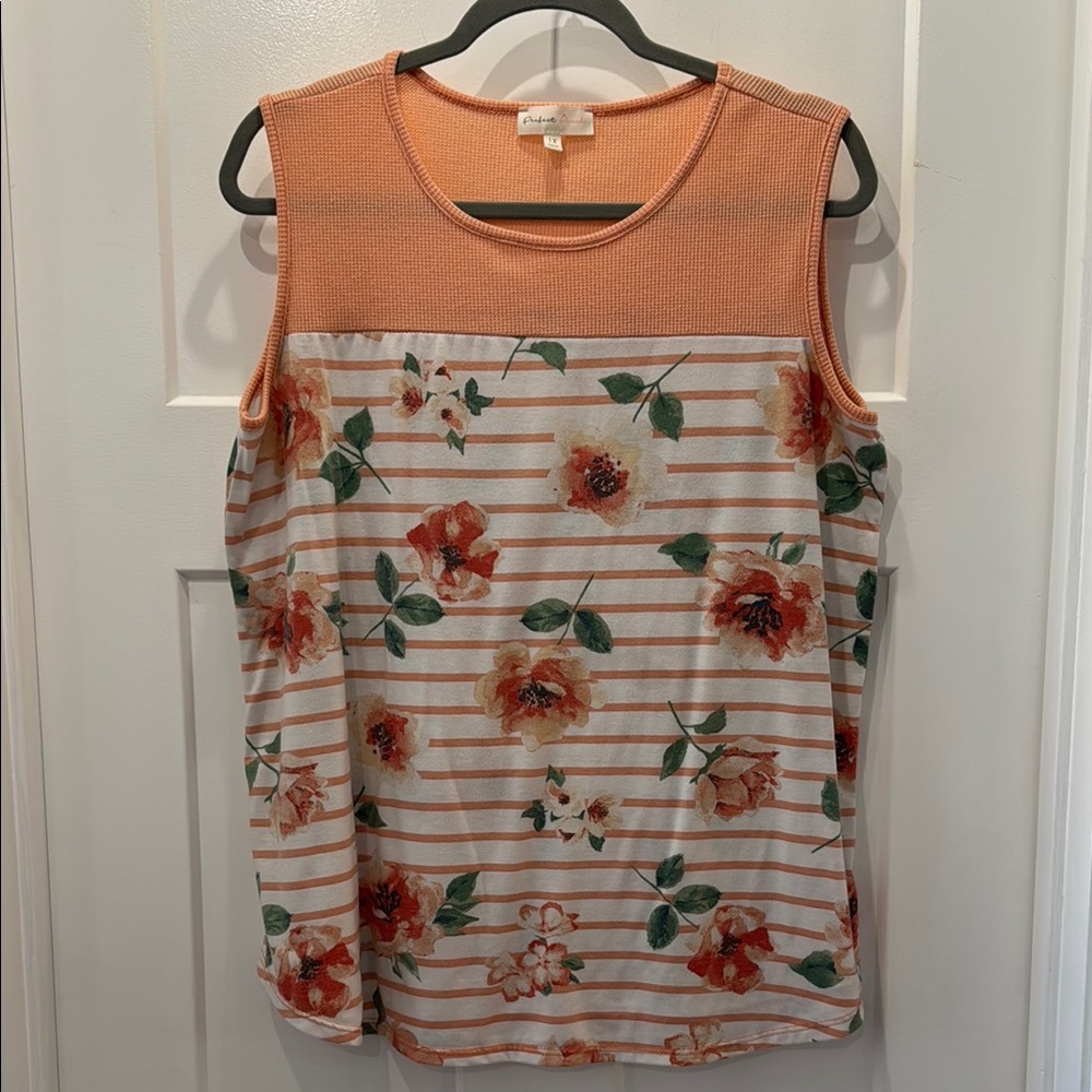 Perfect Peach Floral Striped Sleeveless Top - Orange and White Size 1X
